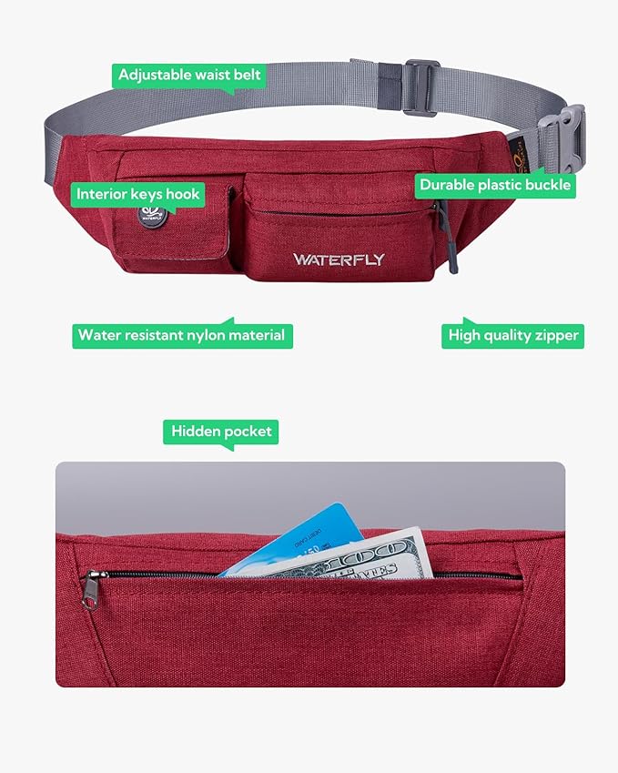 WATERFLY Fanny Pack Slim Soft Polyester Water Resistant Waist Bag Pack for Man Women Carrying iPhone 8 Samsung S6 (Wine red)