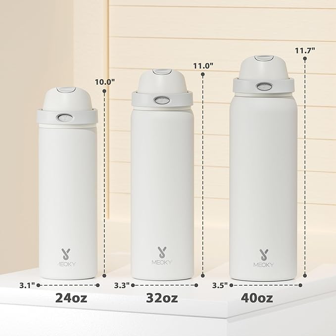 32 oz Insulated Water Bottle with Straw: Meoky Stainless Steel Metal Water Bottle with 2-in-1 Lid - Leak Proof, Cold for 24 Hours, Protective Silicone Base, BPA-Free for Sports Gym, Ivory
