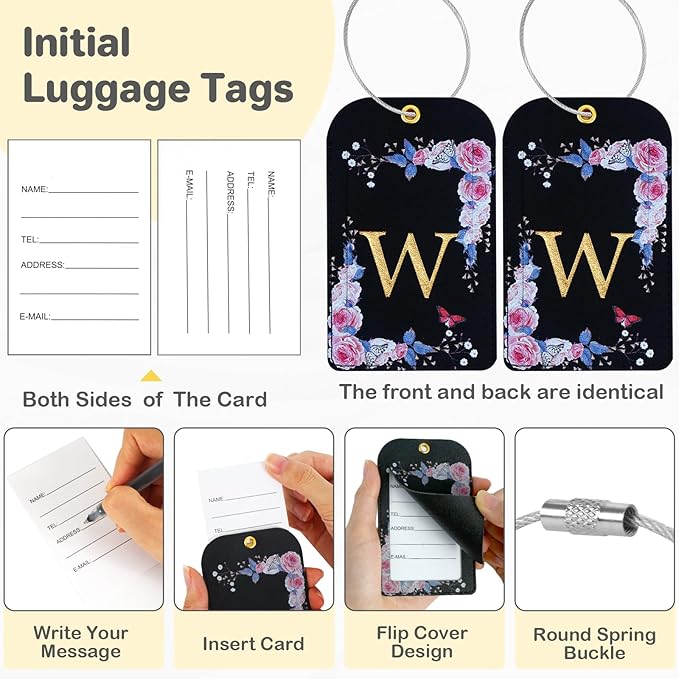 3 Pack Luxury Floral Luggage Tags, Durable PU Leather Suitcase Tags with Stainless Steel Cable Strap, Hidden ID Slot for Privacy Protection, Easy to Identify Waterproof Travel Accessories Gift (W)