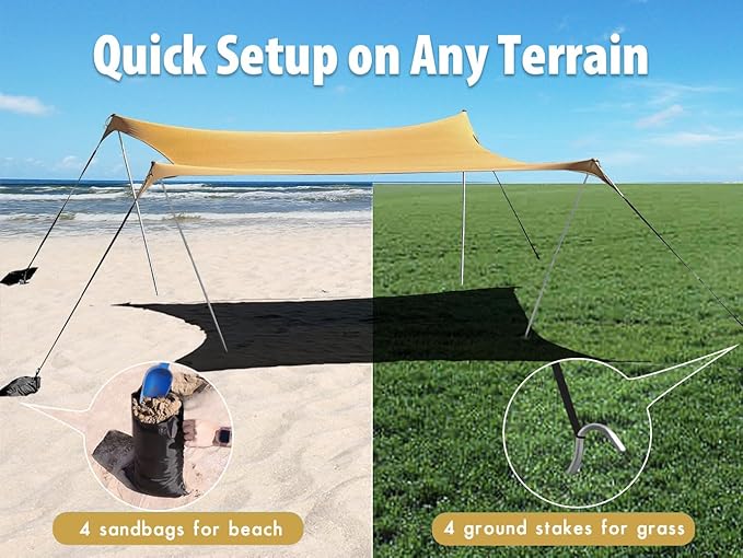 10×10ft UPF50+ Beach Tent Sun Shelter, Windproof Stable Outdoor Pop Up Beach Shade Canopy for Camping, Fishing, Backyard Fun or Picnics, 4 Poles