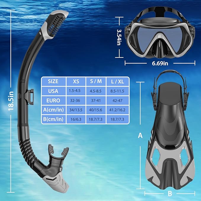 Snorkeling Gear for Adults, Mask Fin Snorkel Set, Dry Top Snorkel, Snorkeling Kit Travel Diving Package, Panoramic View Anti-Fog Anti-Leak Adjustable Swim Fins
