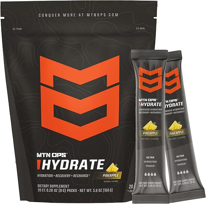 MTN OPS Hydrate Electrolytes Powder Drink Mix, 20 Single Serving On-The-Go Electrolyte Packs with Over 1000mg of Electrolytes per Serving, Pineapple