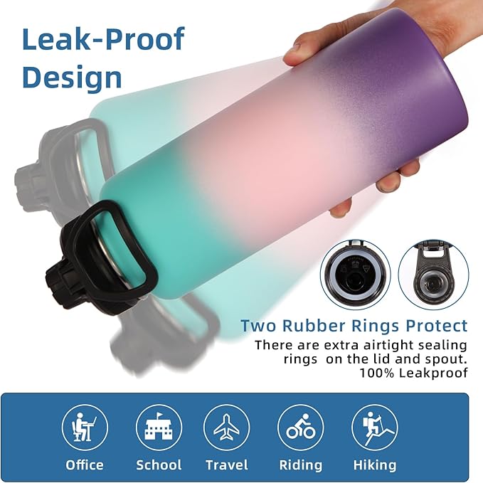 Volhoply Insulated Water Bottles Bulk 4 Pack, 40 oz Reusable Stainless Steel Sports Bottle with Paracord Handle & Spout Lid,Double Wall Metal Travel Water Flask with Wide Mouth(Gradient Color,4 Set)