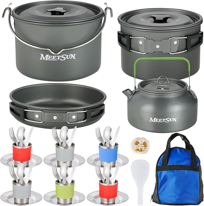MEETSUN Camping Cookware Set - 37 PCs, Large Size Hanging Pot with Camping Pots and Pans, Camp Cooking Set for 6 People, Mess Kit with Cups, Dishes, Forks, Spoons, Knives for Outdoor Picnic