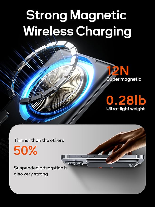 0.3" Ultra Slim Magnetic Power Bank, 5000mAh Wireless Portable Charger with Foldable Stand and USB C Cable, Fast Charging Magnetic Battery Pack Compatible with iPhone 16/15/14/13/12,Travel Essentials