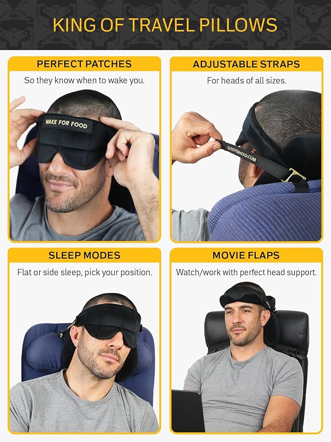 Sleeper Hold Travel Pillow - Real Sleeping Experience on Long Flights - Head Strap with Eye Mask - Super-Soft, Lightweight, Easy-to-Carry, and Machine-Washable Airplane Pillow