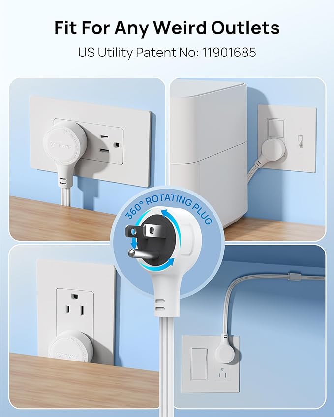 TROND Electrical Outlet Extender 360° Rotating Plug with 20W USB C, 18in Short Extension Cord, Wall Plug Adapter with 3 AC Outlets, Access Hard-to-Reach Outlets Use Behind Couches, Desk, White
