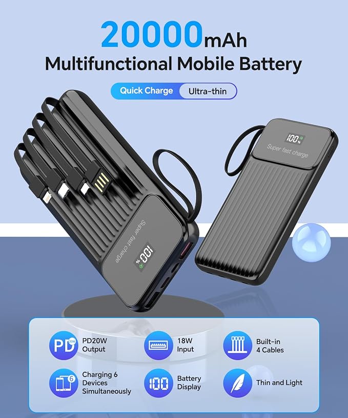 20000mAh Heated Vest Battery Pack USB 5V, Heating Vest Portable Charger USB/Type C Output Ports, Power Bank for Heated Jacket, LED Display Battery Pack for Heated Vest