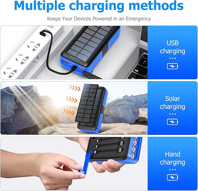 Solar Charger Power Bank 63200mAh, Portable Charger with Dual Outputs & Dual Inputs 4 LEDs Flashlight, Hand Crank Power Bank Fast Charging Battery Pack for Outdoor Camping Survival Gear