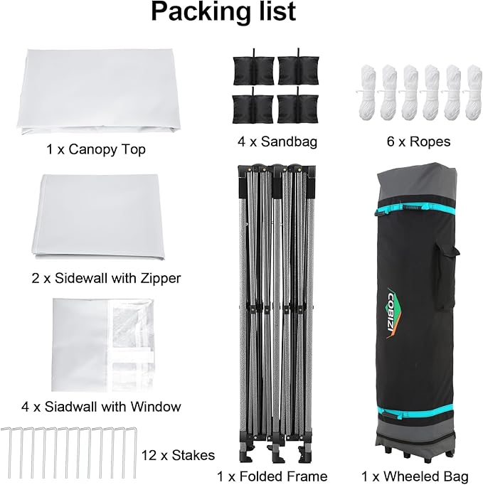 COBIZI 10x20 Pop up Canopy Tent with 6 Sidewalls, Waterproof Heavy Duty Commercial Canopy for Parties, Outdoor Tent, Garden Gazebo, Carry Bag with Wheel (10x20ft, White)