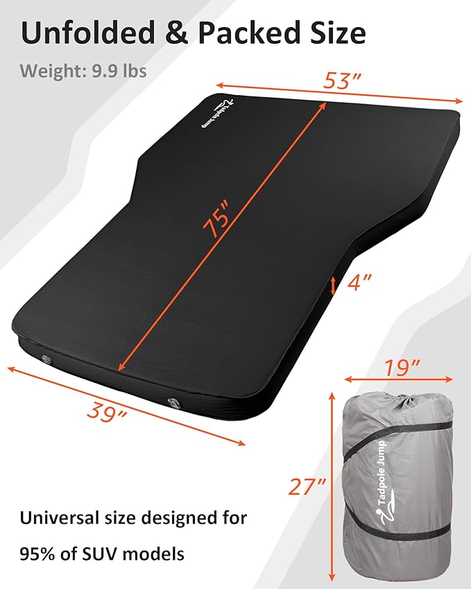 for Tesla Model Y Mattress Memory Foam, 4 inch Comfortable SUV Sleeping Pad with Powerful Air Pump, Inflatable Car Bed for Camping & Road Trips (Black+Gray)