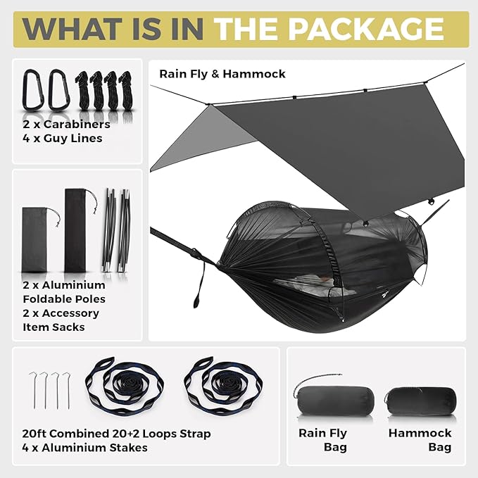 ADVOKAIR Camping Hammock with Mosquito Net and Rain Fly, Up to 500lbs, Ultralight and Portable Nylon Travel Hanging Hammock with Tree Straps, Perfect for Outside, Backpacking, Hiking and Backyard