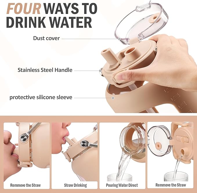 BLUEGO 84oz Water Bottle Glass with Stainless Steel Handle Large 2.5l Water Bottle with Time Markers and Silicone Sleeve Half Gallon Water Jug BPA Free for Gym Daily Use, Amber