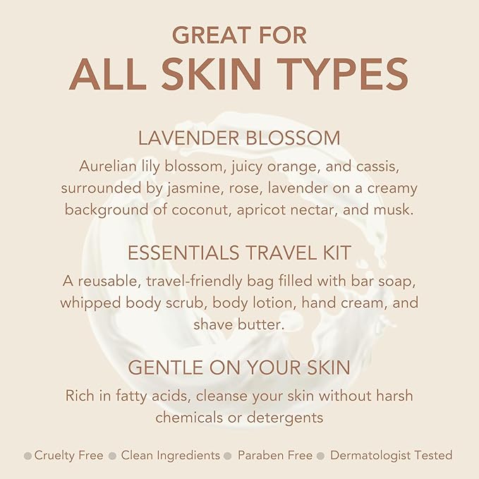 Dionis Goat Milk Lavender Blossom Hand Cream, Body Lotion, Whipped Body Scrub, Shave Butter, Bar Soap 3 oz & Carrying Case 6-Piece Travel Set