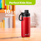 Kids Water Bottle for School 16 oz Stainless Steel Double Wall Vacuum Insulated Sports Water Bottle Leak Proof-Reusable Metal Flask with Silicone Boot for Travel, BPA-Free(Canyon Red)