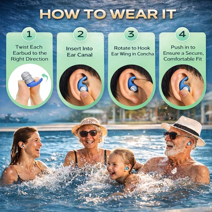 Swimming Ear Plugs for Adults with Lanyard, 3 Pairs Waterproof Reusable Soft Silicone Swim Earplugs for Pool, Surfing, Diving, Showering