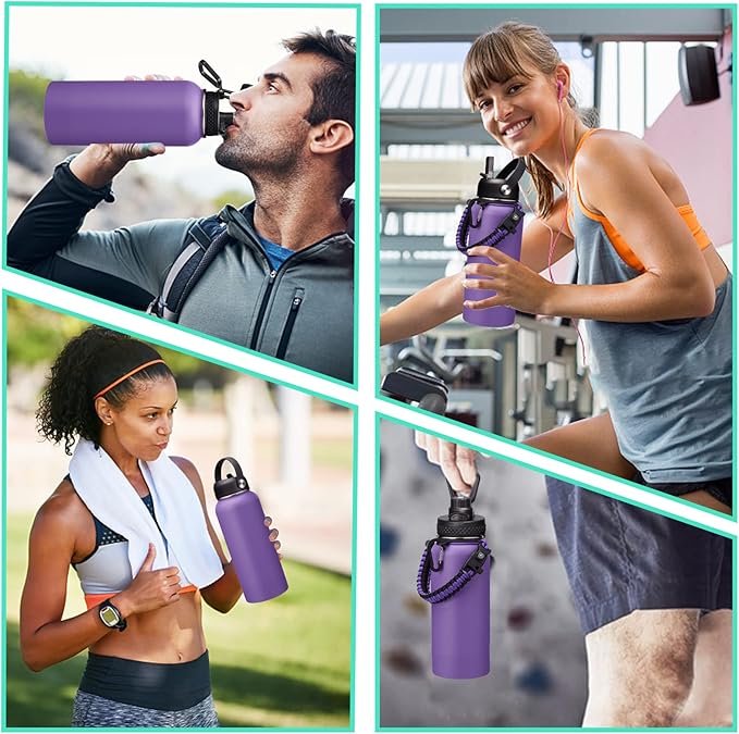 32 oz Water Bottles with Straw & Spout Lid, Paracord Handle & Strap, Double Wall Insulated Flask Water Bottle, Reusable Wide Mouth Gym Water Bottles for Women and Men for Fitness Sports