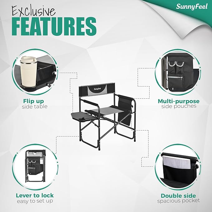 SUNNYFEEL Oversized Camping Directors Chair 2 Pack, Portable Folding Lawn Chairs for Adults Heavy Duty with Side Table,Pocket for Beach, Fishing,Picnic,Concert Outdoor, Foldable Camp Chairs