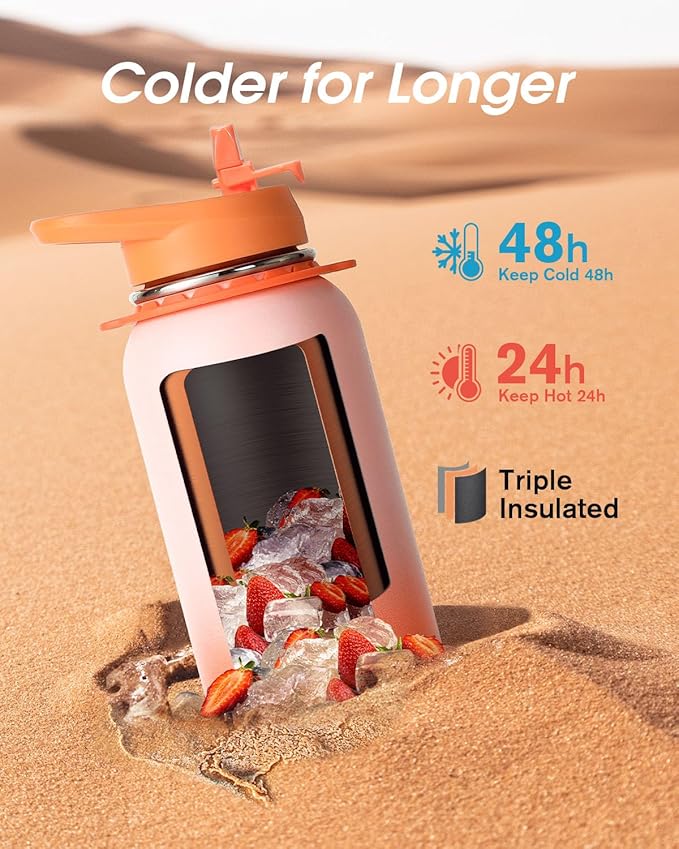 Coolflask Insulated Water Bottle with Straw, 40 oz Metal Water Flask with Straw & Spout Lids, Stainless Steel Double Wall Vacuum, Keep Cold 48h Hot 24h, Leak Proof & Non-BPA, Sunny Orange