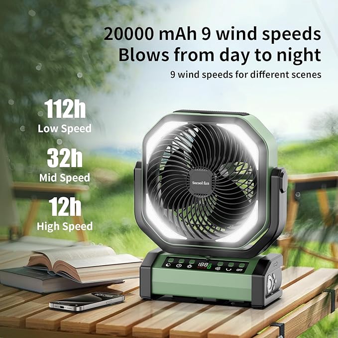 Socool Camping Fan with Light - 20000mAh Rechargeable Battery Fan, 112Hrs Max Run Time, 9 Speeds, Digital Display, Timer, Auto Oscillation, 270° Pivot & Hook for Camping, Power Outage, Hurricane
