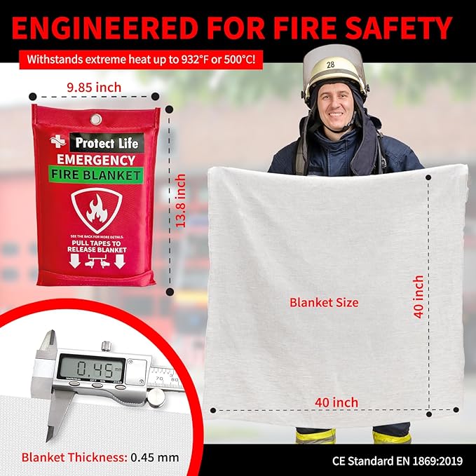 Protect Life Saving Emergency Fire Blankets 1 Pack - 40"x40", Fiberglass Fire Blanket for Home & Kitchen - Fire Suppression or Retardant Tarp - Fire Safety Kit for Car or Camping