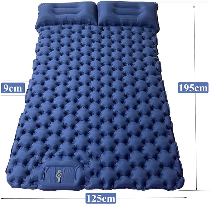 Inflatable Double Camping Mat with Pillow, Build-in Foot Pump Ultralight Sleeping Air Pad for 2 Person, Portable Sleeping Bed Compact for Camping Hiking Backpacking Outdoor (Blue, Double)