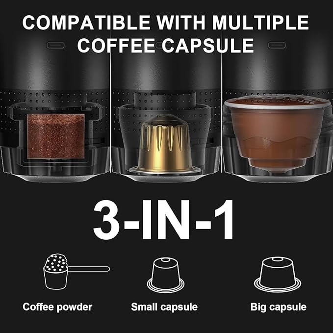 Portable Espresso Coffee Maker Rechargeable Self Heating Machine For Travel Car 3 in 1 Ground Coffee and NS Capsules 20 Bar Pressure Smart LED Display Camping Office Home Car RV Travel USB C (BLACK)