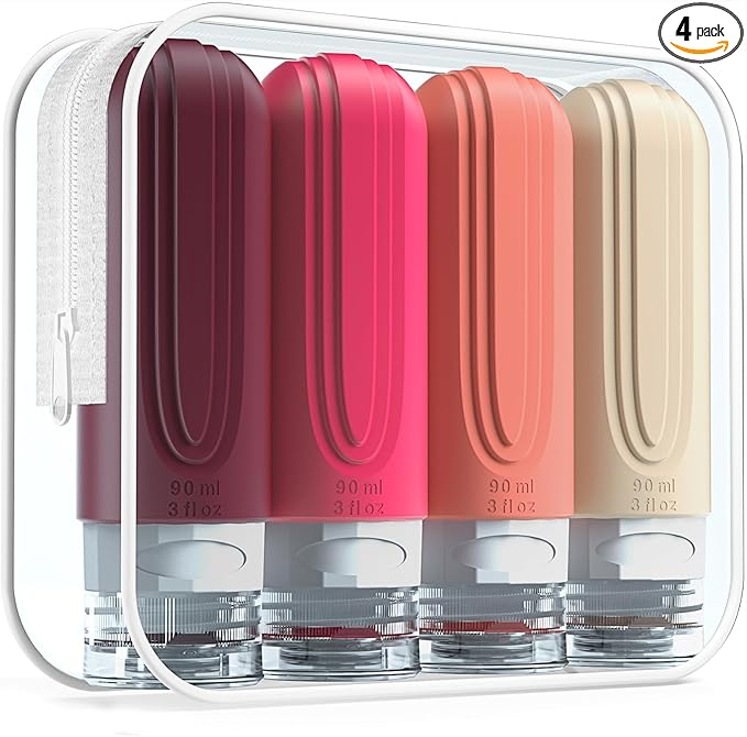 Mrsdry Travel Bottles for Toiletries, Tsa Approved 3oz Travel Size Containers BPA Free Leak Proof Refillable Liquid Silicone Squeezable Travel Accessories for Shampoo Conditioner Lotion (4 Pack)