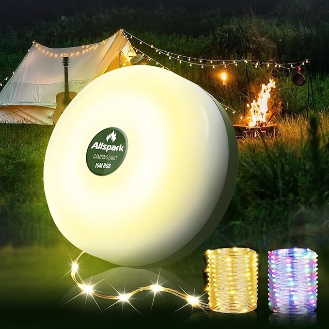 Allspark Camping String Lights, 4 in 1 Quick Storage 32.8FT Rechargeable Waterproof LED Hanging Light with 8 Lighting Modes, Hanging Portable LED Lamp for Outdoor Patio Awning Garden Party Essential