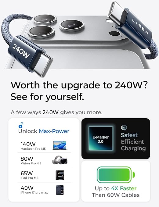 LISEN for MacBook Pro Charger Cord 10FT 240W USB C Charger Fast Charging Cable【Safety Max Power Charging】 Compatible with MacBook Pro/Air M5 M4 M3 M2 M1, iPad Air Pro M5 M4,10ft/1 Pack/Midnight