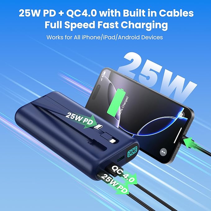 Portable Charger 40,800mAh Power Bank with Built-in Cables,5 USB Output Battery Pack Backup,25W PD USB-C in&out Phone Charging Compatible with iPhone 16/15 Pro,Android Samsung Galaxy Pixel Nexus-Blue