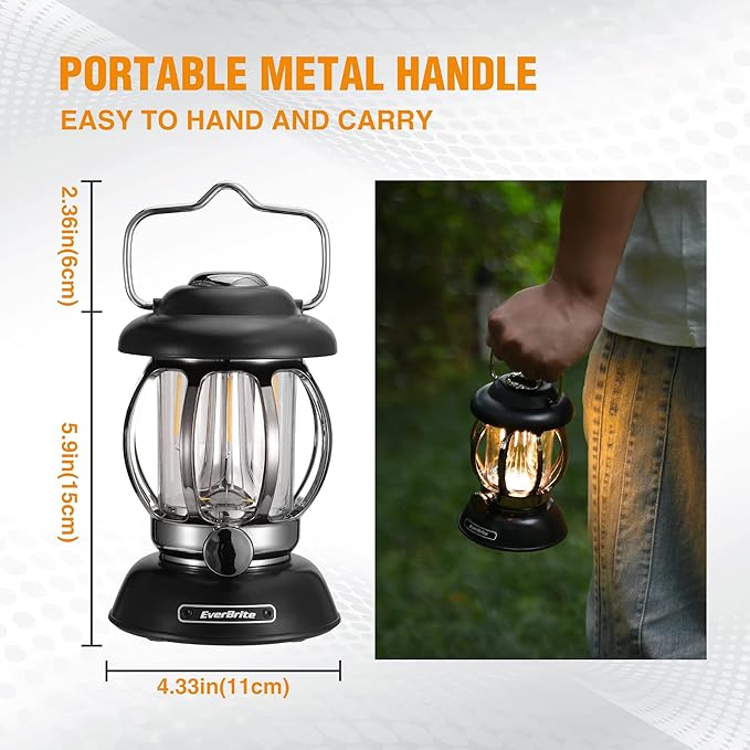 EverBrite Camping Lantern Rechargeable, Retro Metal Camping Light, 4400mAh Battery Powered Hanging Vintage Camping Lamp, 3 Light Modes, Outdoor Tent Light, Emergency Lantern for Power Outage - Black