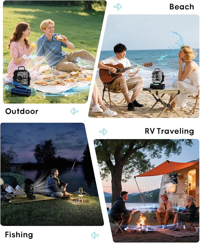 Camping Fan with Bluetooth Speaker Portable Fan,20000mAh Rechargeable Battery Powered Fans,Quiet 4-Speeds, 4-LED Light,360° Hanging Hook for Outdoor Picnic Tent Beach Travel Barbecue, Black