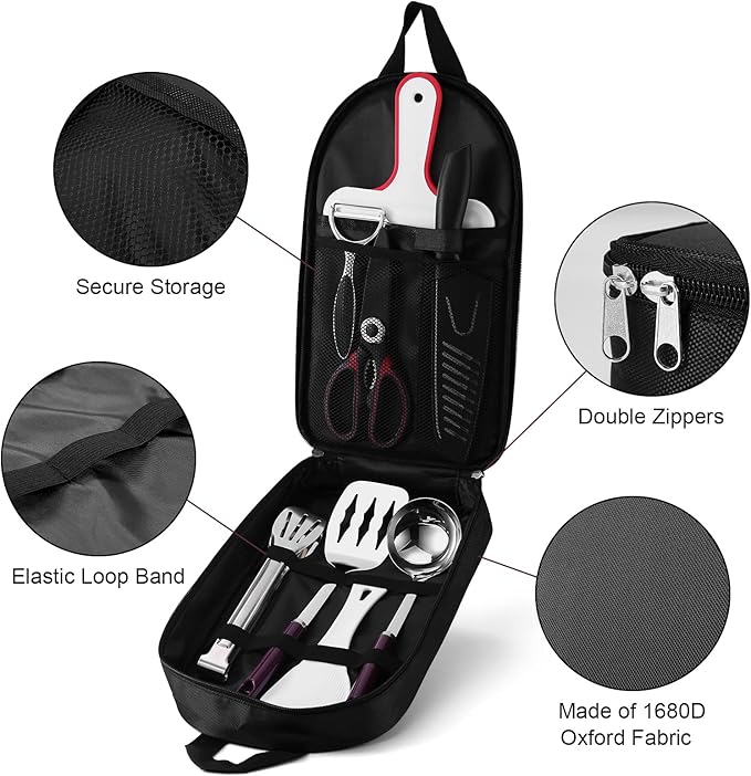 Odoland 8Pcs Camping Cooking Utensils Set for Family & Adults, Kitchen Utensil with Tongs, Scissors, Cutting Board, and Water Resistant Case for Picnic, Hiking, Backpacking, Outdoor Camping