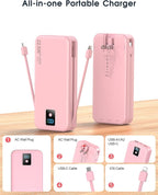 Portable Charger, 20000mAh 22.5W Fast Charging Power Bank with Built-in Cables & Wall Plug, Travel Essential Battery Pack with LED Display, USB C Battery Phone Charger for iPhone, iPad, Samsung Pink