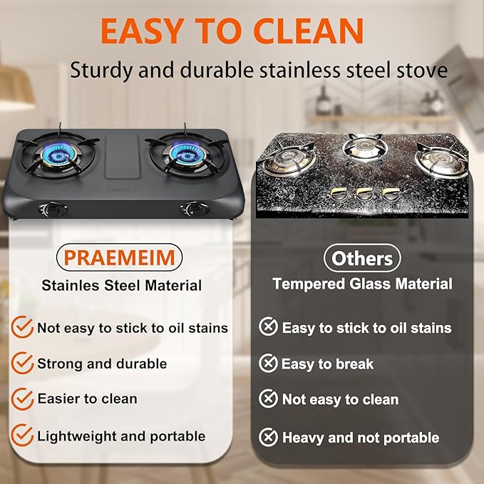 Propane Stove 2 Burner Gas Stove Top, 27200 BTU High-Efficiency LPG Metal Cooktop With Auto Ignition, CSA Regulator and Hose, Perfect for Outdoor Kitchen, Camping, RV & Emergency Cooking