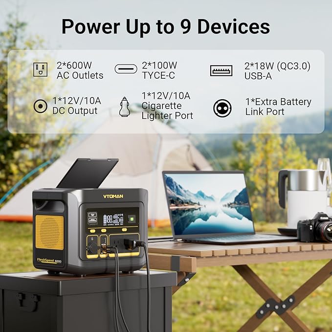 VTOMAN FlashSpeed 600 Portable Power Station 600W (1200W Peak) - 499Wh Solar Generator with LiFePO4 Battery Pack, 100W USB-C/110V AC, 60 Min Fast Charging 0-80% for Camping, Fishing, Blackout, RVs