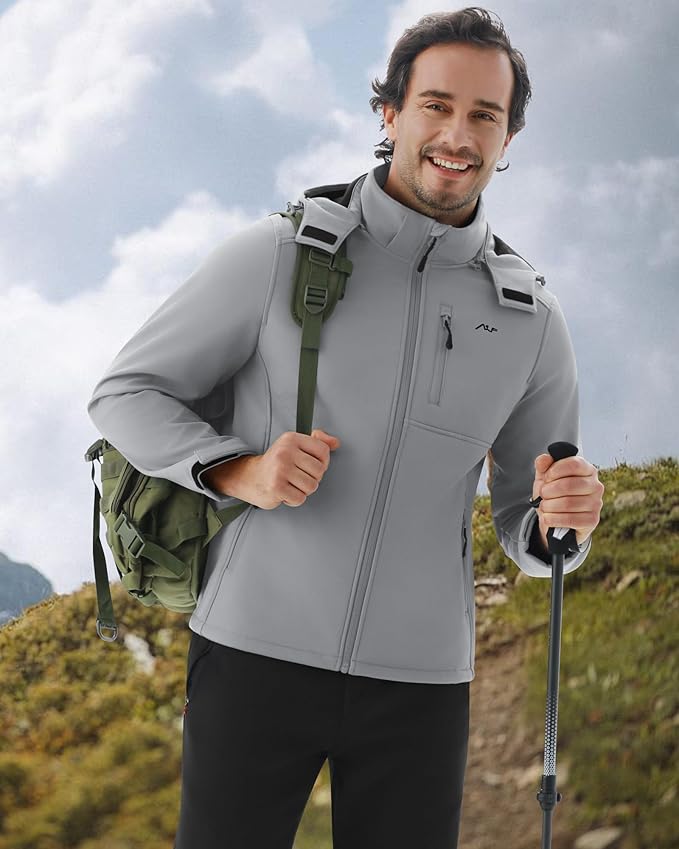 WULFUL Men's Softshell Jacket Waterproof Lightweight Insulated Windbreaker Fleece Lined Rain Shell Jacket for Hiking Travel