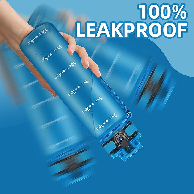 OLDLEY 32 oz Motivational Water Bottle with Time Marker, Sports Water Bottle With Strap, Leakproof & BPA Free Large Water Bottle for School, Gym, Travel, Outdoor, Tritan, Blue