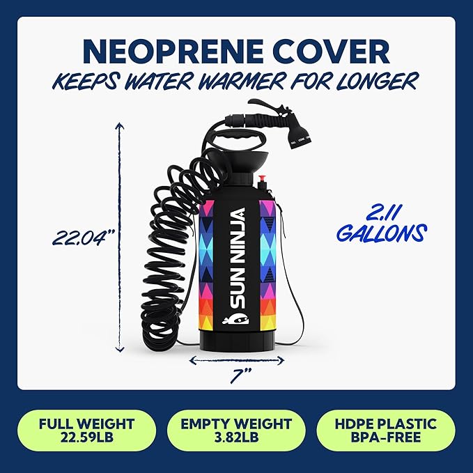 SUN NINJA Portable Shower, Camping Shower with 7 Mode Shower Head, Neoprene Cover Helps Keep Water Warm, High Pressure Hose, Easy to Carry