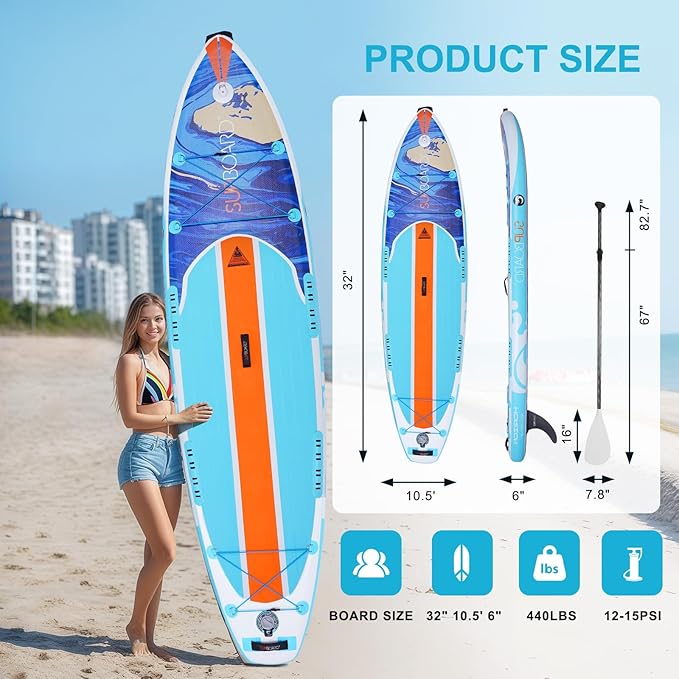 Inflatable Stand Up Paddle Board - 10.5' x 32" Adults & Youth of All Skill Levels, Non-Slip Deck SUP with Paddle, Pump, Backpack & Repair Kit, Ideal for Yoga, Fishing, Lake & River