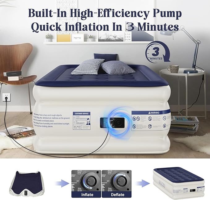 Air Mattress Twin with Built-in Pump, Blow Up Mattress with Soft Flocked Top, Leakproof Inflatable Mattress, Foldable Waterproof Air Bed for Home, Guests, Camping, with Storage Bag