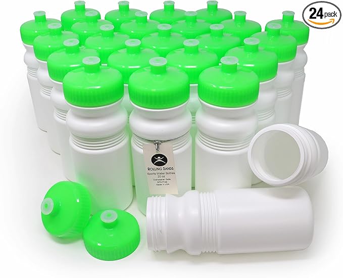 Rolling Sands USA Made 20 Ounce Sports Water Bottles - 24-Pack Bulk BPA-Free Blank Sports Bottles for Teams & Classrooms - White Bottle/Neon Lime Green Lid, No Smell No Taste