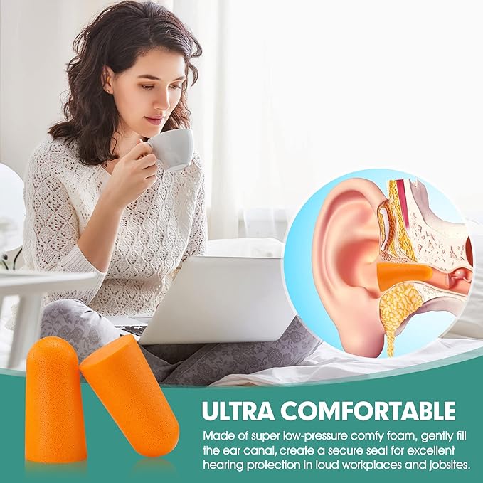 100 Pairs Orange Foam Ear Plugs - 33dB NRR Highest Protection, Soft & Comfortable Noise Canceling Earplugs for Sleeping, Work, Snoring, Construction, Loud Noise