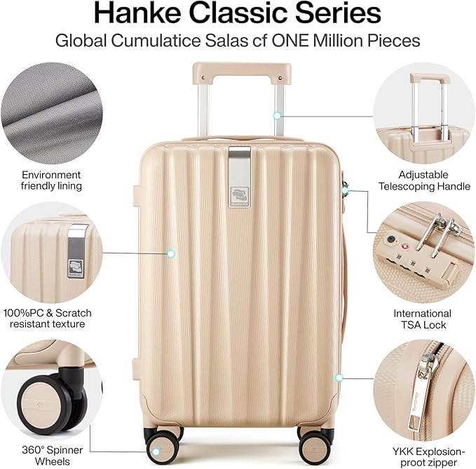 Hanke 20 Inch Carry On Luggage 22x14x9 Airline Approved Lightweight PC Hard Shell Suitcases with Wheels Travel Luggage Rolling Suitcase Travel Luggage Bag for Weekender（Cuba Sand）