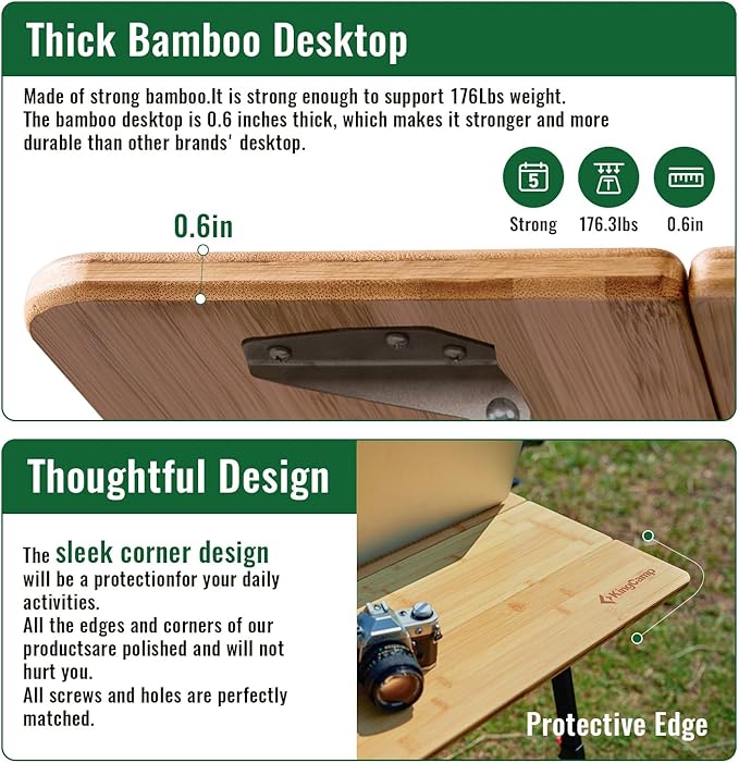 KingCamp Bamboo Folding Table, 4-Fold Camping Adjustable Height Portable Outdoor Lightweight & Compact Table with Aluminum Frame for RV Picnic BBQ Tailgating