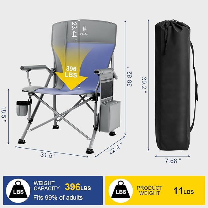 XL Heavy Duty Camping Chair 396lb Capacity (525lb Max) – Waterproof 1680D Oxford Fabric, 2" Padded Seat & Back, Cup Holder, Cooler Pocket, Portable for Camping, Beach & Tailgating (Slate/Navy)