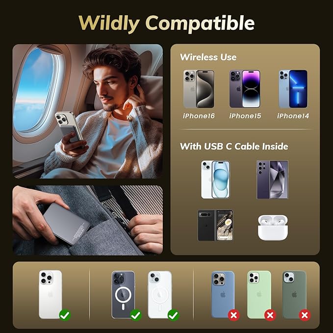 [0.3" Ultra Slim] [Alloy-Made] [Credit Card] Magsafe Portable Charger for iPhone, 2026 Upgrade 5000mAh Fast Charging Magnetic Power Bank, Wireless Battery Pack for iPhone 17 Air 16 15 Pro Max 14 13