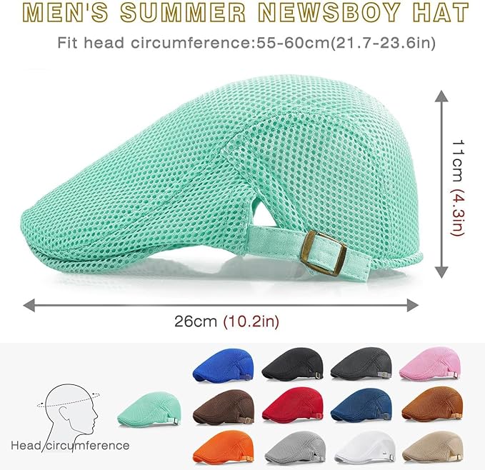 2 Pack Men's Mesh Cap Breathable Summer Newsboy Hat Adjustable Beret Ivy Cap Irish Cabbie Driving Hunting Hats