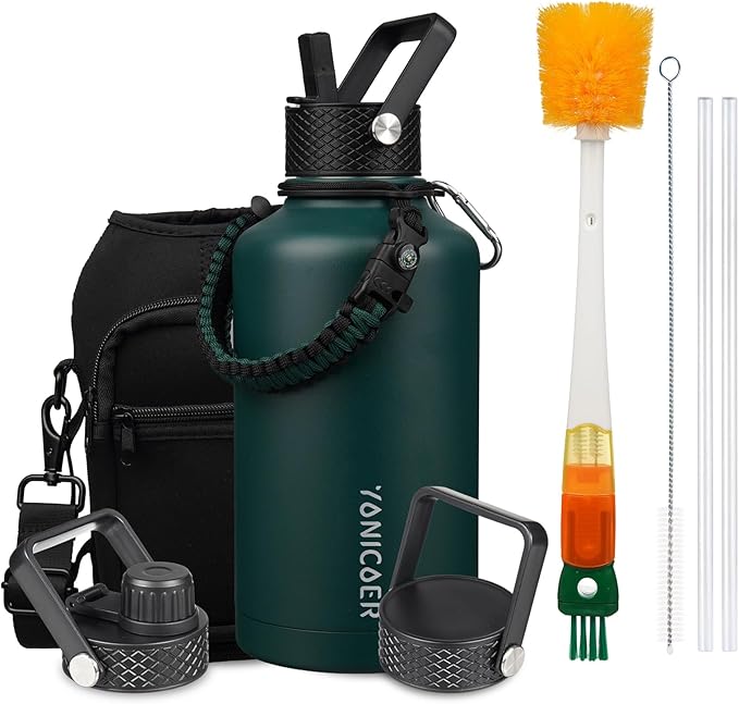Insulated Water Bottle 64oz,Triple Wall Vacuum Stainless Steel(Dishwasher Safe),Leak Proof & Non-BPA,Flask Jug with Paracord Handle & Straw Spout Lids Sports Green